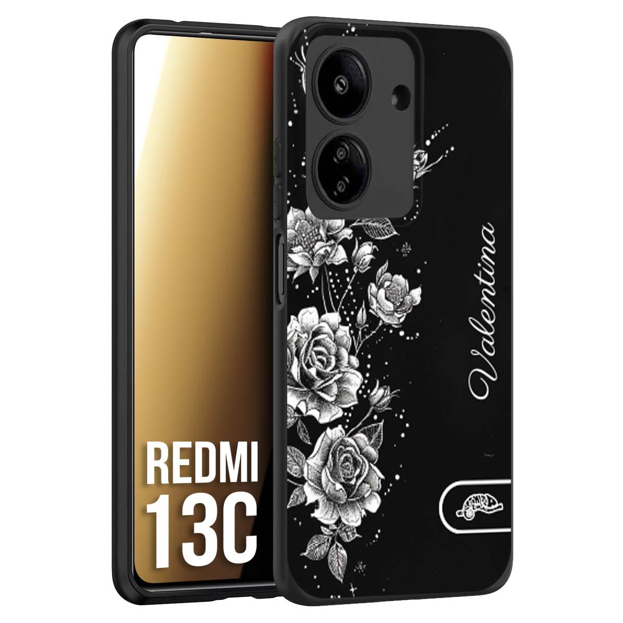 CUSTOMIZZA - Custodia cover nera morbida in tpu compatibile per Xiaomi Redmi 13C a rilievo soft touch personalizzata nome rose fiori donna