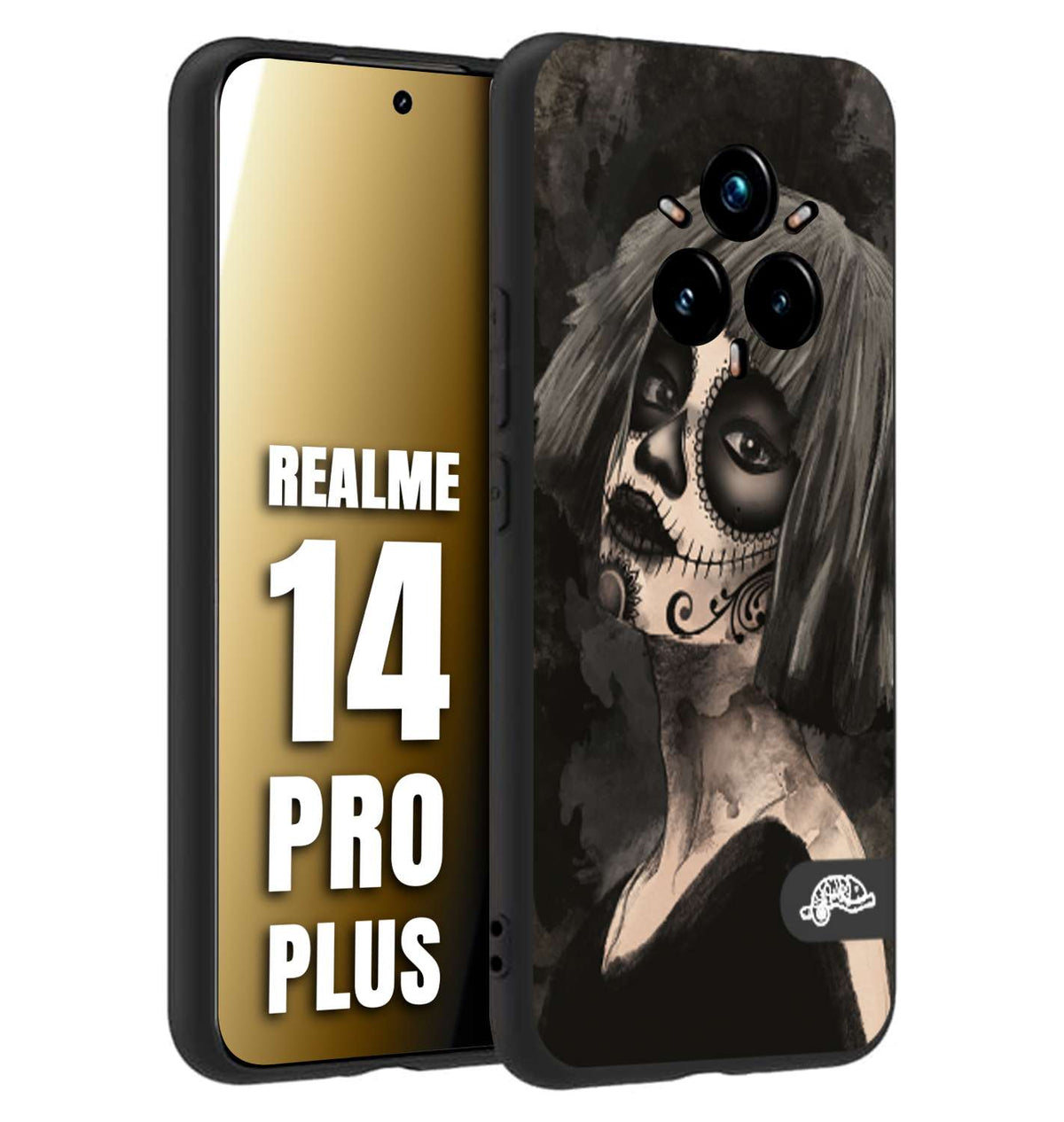 CUSTOMIZZA - Custodia cover nera morbida in tpu compatibile per Realme 14 PRO PLUS chicana messicana dea de la muerte donna santa tattoo disegnata