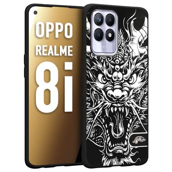 CUSTOMIZZA - Custodia cover nera morbida in tpu compatibile per Oppo Realme 8i drago black and white bianco a rilievo disegnato tattoo tatuaggio