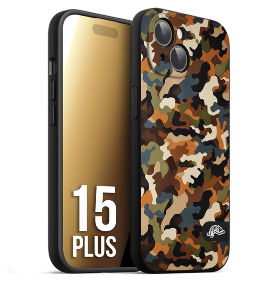 CUSTOMIZZA - Custodia cover nera morbida in tpu compatibile per iPhone 15 PLUS camouflage mimetico militare moderno blu marrone beige