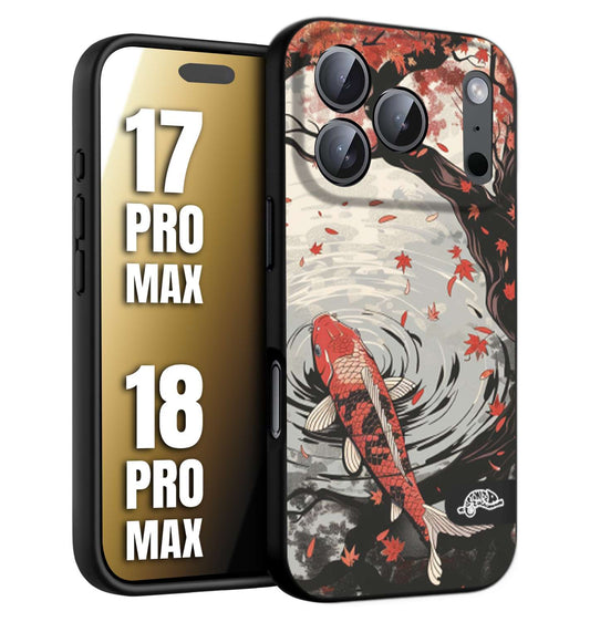 CUSTOMIZZA - Custodia cover nera morbida in tpu compatibile per iPhone 17 PRO MAX - 18 PRO MAX giapponese lago carpa koi rossa con foglie d'acero rosso disegnata tattoo