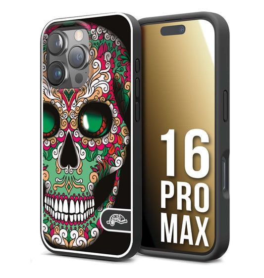 CUSTOMIZZA - Custodia cover nera morbida in tpu compatibile per iPhone 16 PRO MAX teschio messicano Mexican skull verde fucsia