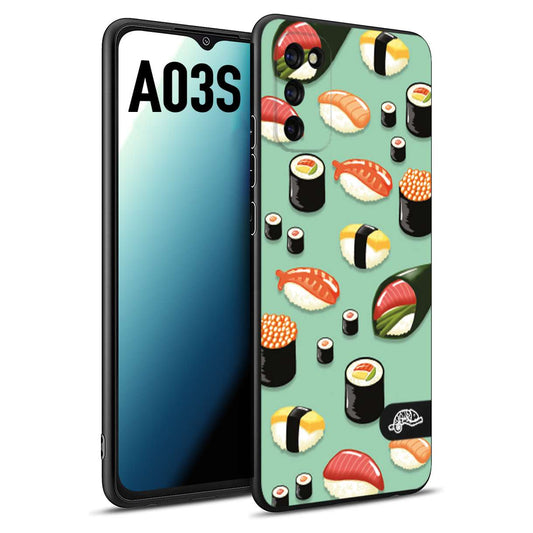 CUSTOMIZZA - Custodia cover nera morbida in tpu compatibile per Samsung A03S sushi disegni giapponese nighiri acquamarina verde