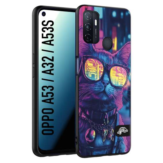 CUSTOMIZZA - Custodia cover nera morbida in tpu compatibile per Oppo A53 - A32 - A53S animali cyberpunk gatto street cat fucsia blu giallo