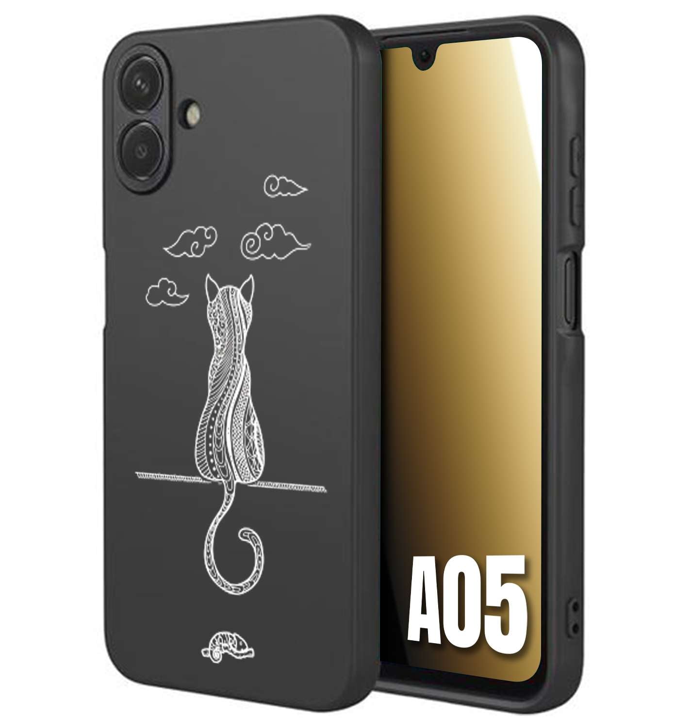 CUSTOMIZZA - Custodia cover nera morbida in tpu compatibile per Samsung A05 gatto mandala stilizzato gattino a rilievo soft touch donna bianca