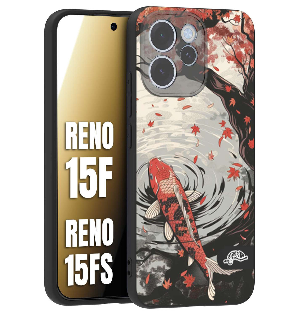CUSTOMIZZA - Custodia cover nera morbida in tpu compatibile per Oppo Reno 15 F - Reno 15 FS giapponese lago carpa koi rossa con foglie d'acero rosso disegnata tattoo