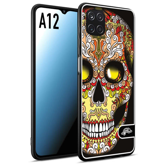 CUSTOMIZZA - Custodia cover nera morbida in tpu compatibile per Samsung A12 teschio messicano Mexican skull giallo rosso arancio