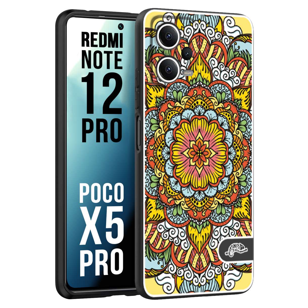 CUSTOMIZZA - Custodia cover nera morbida in tpu compatibile per Xiaomi Redmi Note 12 PRO - POCO X5 PRO mandala colorato fiore nuvole arancione