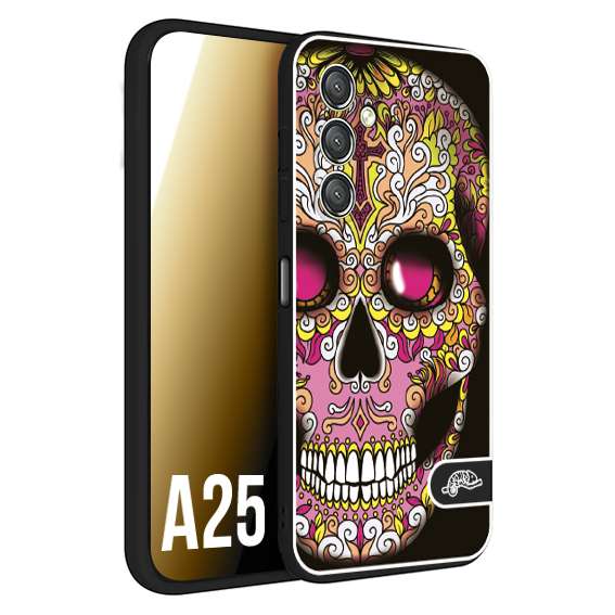 CUSTOMIZZA - Custodia cover nera morbida in tpu compatibile per Samsung A25 teschio messicano Mexican skull rosa gialla