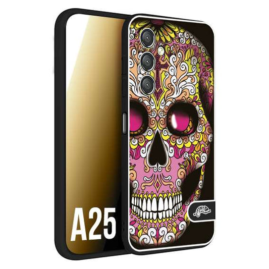 CUSTOMIZZA - Custodia cover nera morbida in tpu compatibile per Samsung A25 teschio messicano Mexican skull rosa gialla