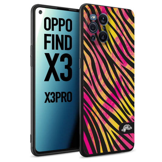 CUSTOMIZZA - Custodia cover nera morbida in tpu compatibile per Oppo Find X3 - Find X3 Pro 5G zebrata maculata a rilievo soft touch donna fucsia gialla