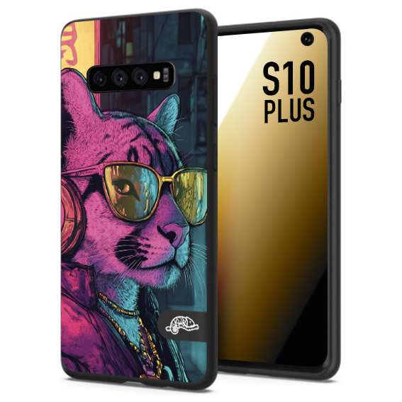 CUSTOMIZZA - Custodia cover nera morbida in tpu compatibile per Samsung S10 PLUS animali cyberpunk pantera street cat fucsia blu giallo