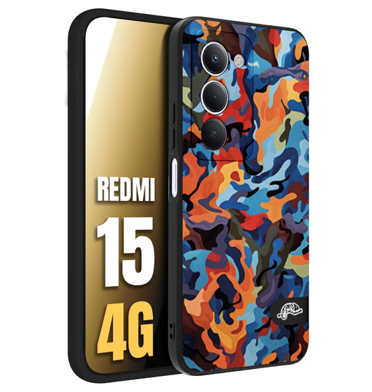 CUSTOMIZZA - Custodia cover nera morbida in tpu compatibile per Xiaomi Redmi 15 4G camouflage mimetico militare moderno blu arancio rosso
