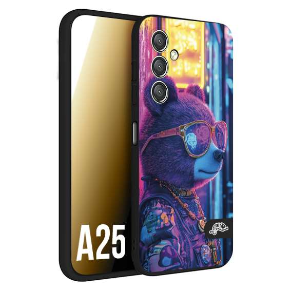 CUSTOMIZZA - Custodia cover nera morbida in tpu compatibile per Samsung A25 animali cyberpunk orsetto orso street bear fucsia blu night