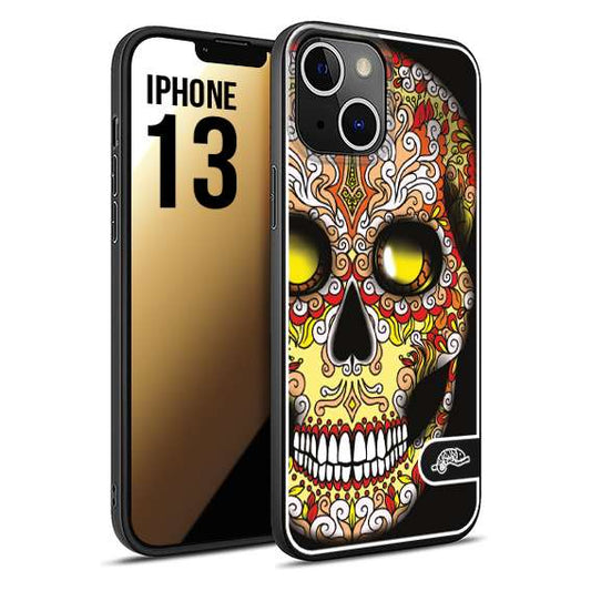 CUSTOMIZZA - Custodia cover nera morbida in tpu compatibile per iPhone 13 teschio messicano Mexican skull giallo rosso arancio