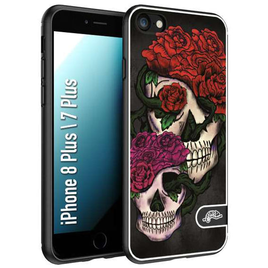 CUSTOMIZZA - Custodia cover nera morbida in tpu compatibile per iPhone 7 PLUS - 8 plus teschi e rose rosse fucsia skull and roses