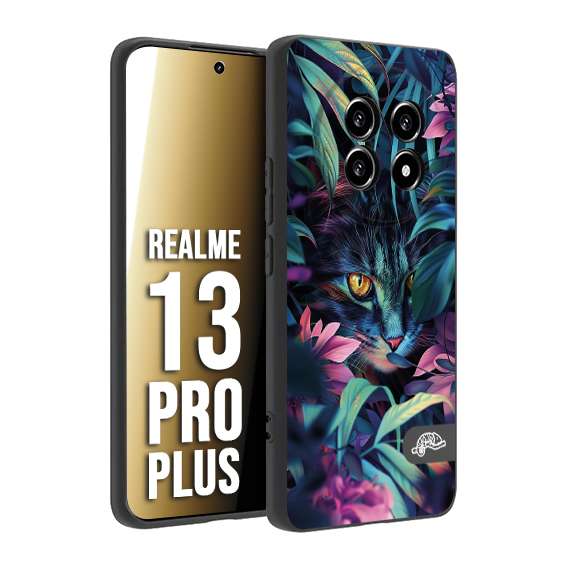 CUSTOMIZZA - Custodia cover nera morbida in tpu compatibile per Realme 13 PRO PLUS animali color giungla tropicale occhio di gatto colori vibranti disegnato