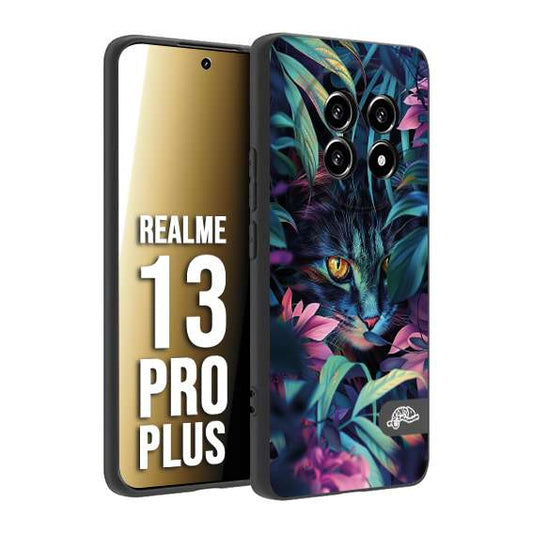 CUSTOMIZZA - Custodia cover nera morbida in tpu compatibile per Realme 13 PRO PLUS animali color giungla tropicale occhio di gatto colori vibranti disegnato