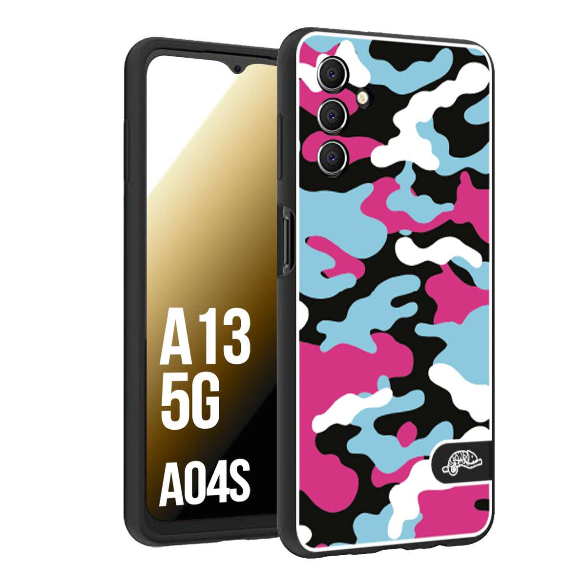 CUSTOMIZZA - Custodia cover nera morbida in tpu compatibile per Samsung A04S - A13 5G camouflage mimetico militare fucsia celeste