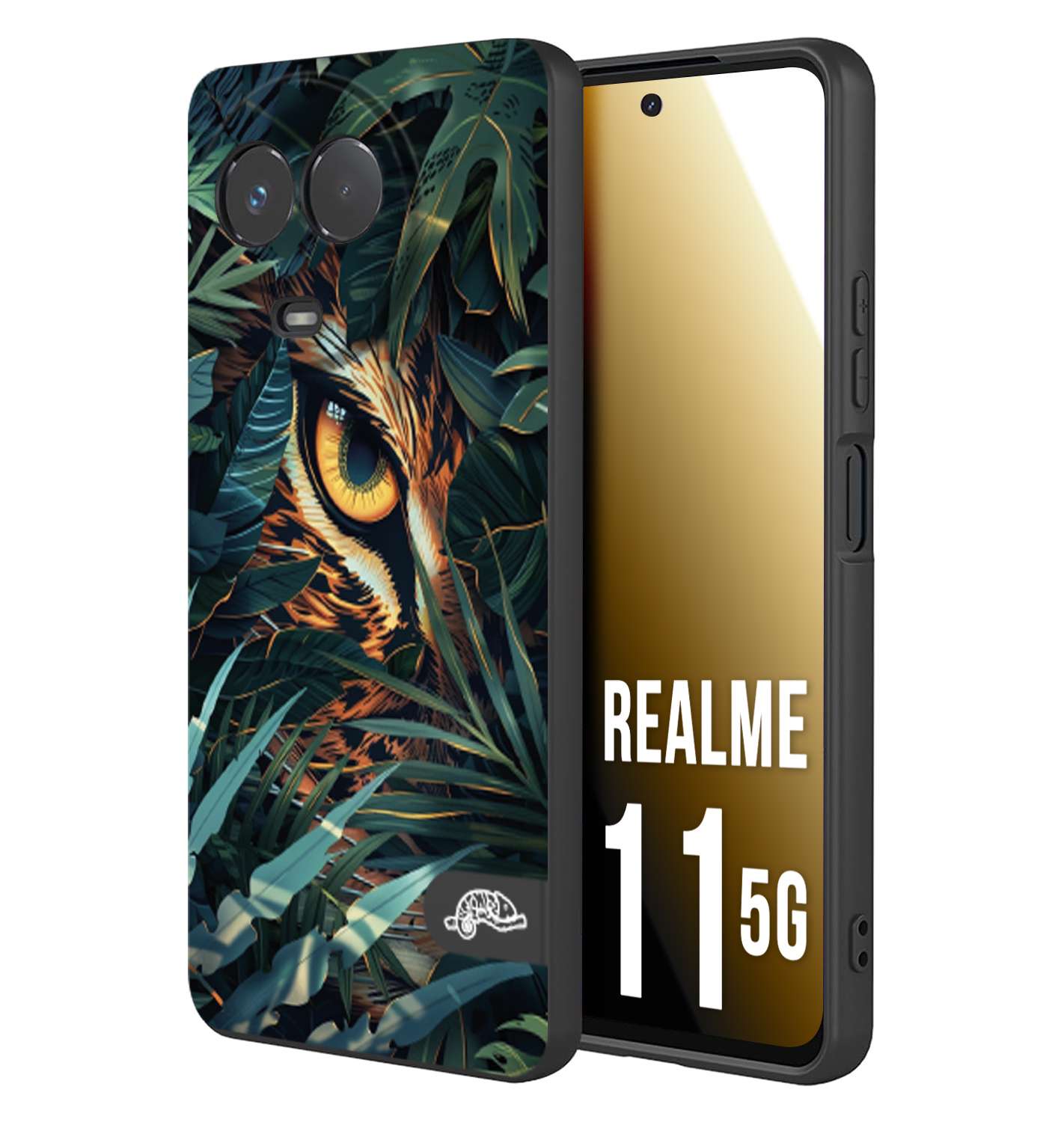 CUSTOMIZZA - Custodia cover nera morbida in tpu compatibile per Realme 11 5G animali color giungla tropicale occhio di giaguaro felino disegnato