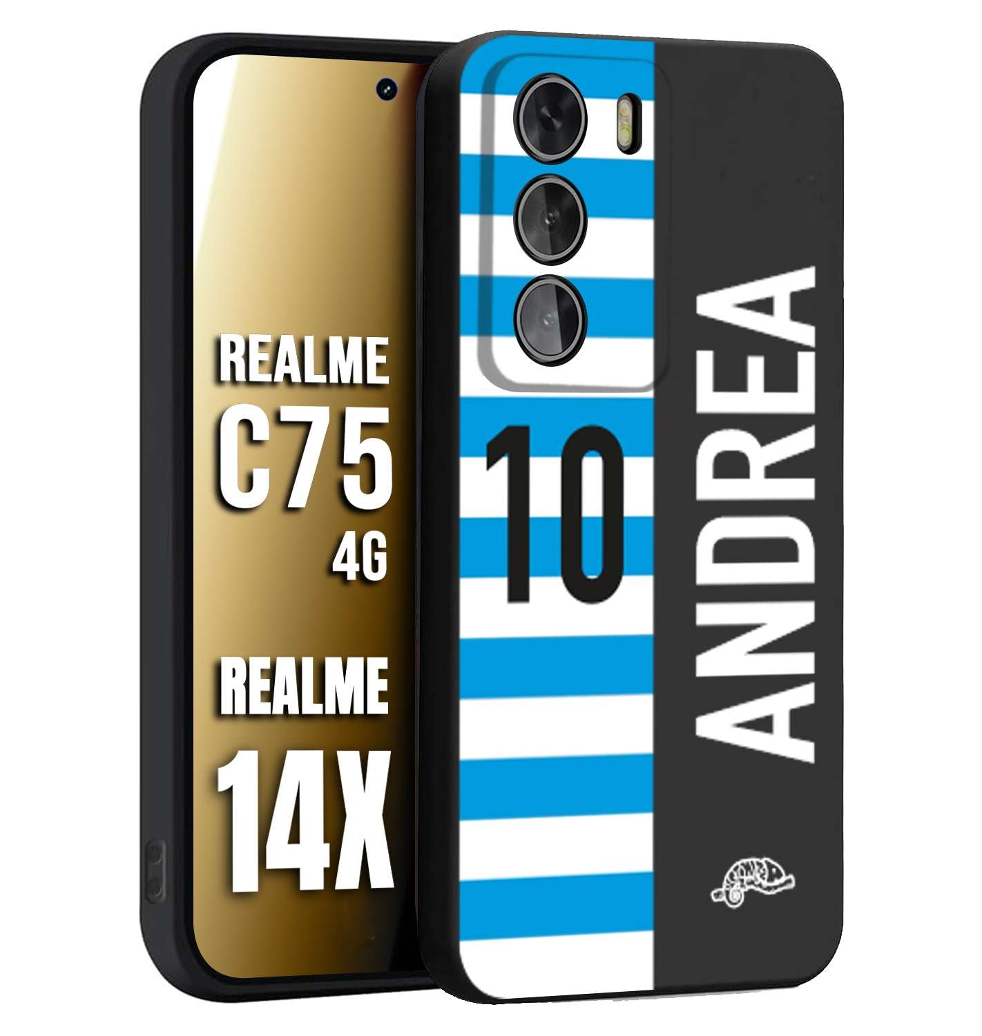 CUSTOMIZZA - Custodia cover nera morbida in tpu compatibile per Realme 14X - C75 4G personalizzata calcio football nome e numero calciatori biancazzurri