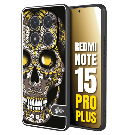 CUSTOMIZZA - Custodia cover nera morbida in tpu compatibile per Xiaomi Redmi Note 15 PRO PLUS teschio messicano Mexican skull nero giallo