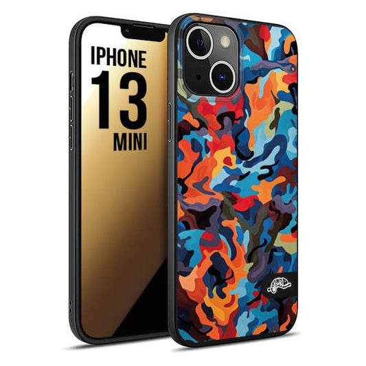 CUSTOMIZZA - Custodia cover nera morbida in tpu compatibile per iPhone 13 MINI camouflage mimetico militare moderno blu arancio rosso