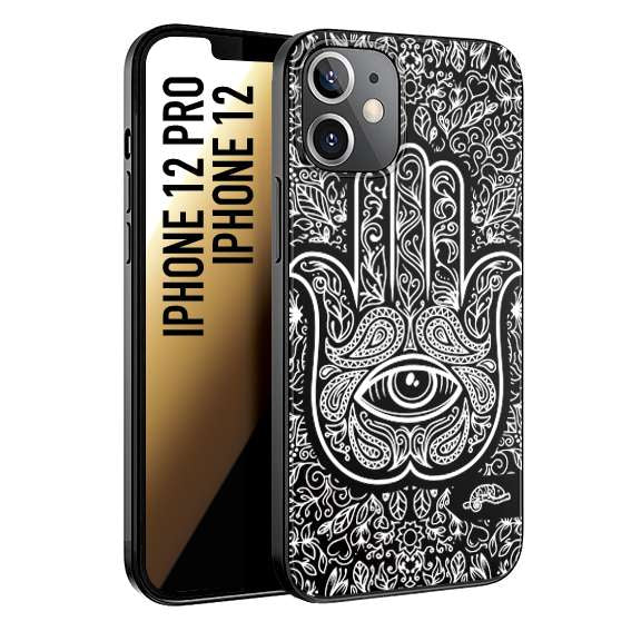 CUSTOMIZZA - Custodia cover nera morbida in tpu compatibile per iPhone 12 - 12 PRO mano di fatima effetto rilievo mandala donna