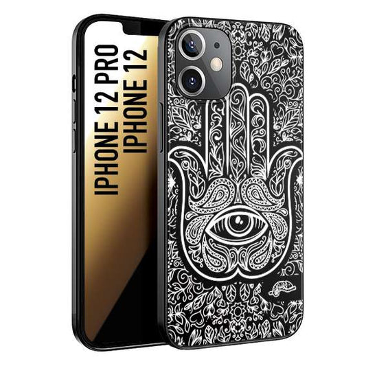 CUSTOMIZZA - Custodia cover nera morbida in tpu compatibile per iPhone 12 - 12 PRO mano di fatima effetto rilievo mandala donna