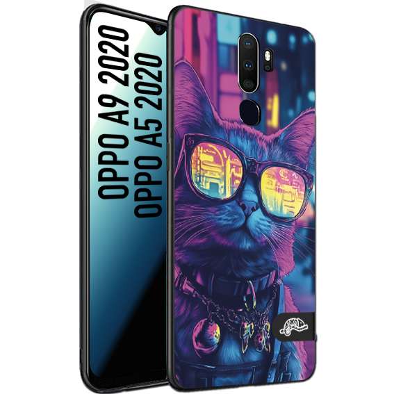 CUSTOMIZZA - Custodia cover nera morbida in tpu compatibile per Oppo A9 2020 - A5 2020 animali cyberpunk gatto street cat fucsia blu giallo