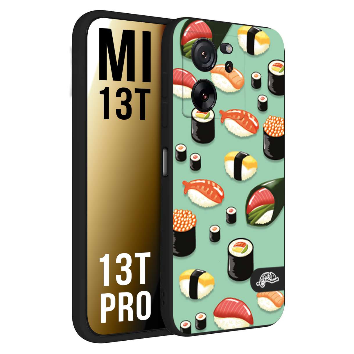 CUSTOMIZZA - Custodia cover nera morbida in tpu compatibile per Xiaomi 13T - 13T PRO sushi disegni giapponese nighiri acquamarina verde