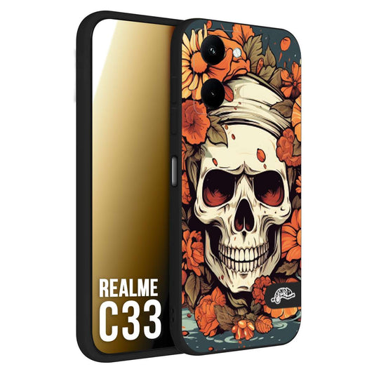 CUSTOMIZZA - Custodia cover nera morbida in tpu compatibile per Oppo Realme C33 teschio skull flowers fiori tattoo disegnato alta definizione