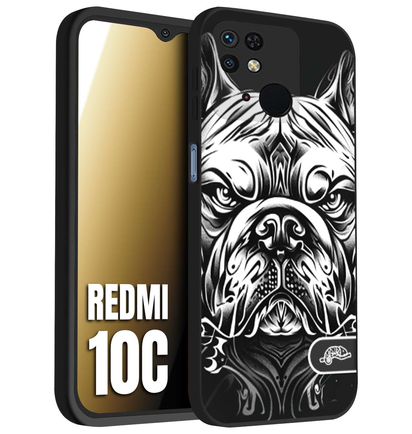 CUSTOMIZZA - Custodia cover nera morbida in tpu compatibile per Xiaomi Redmi 10C bulldog bianco a rilievo disegnato tattoo tatuaggio
