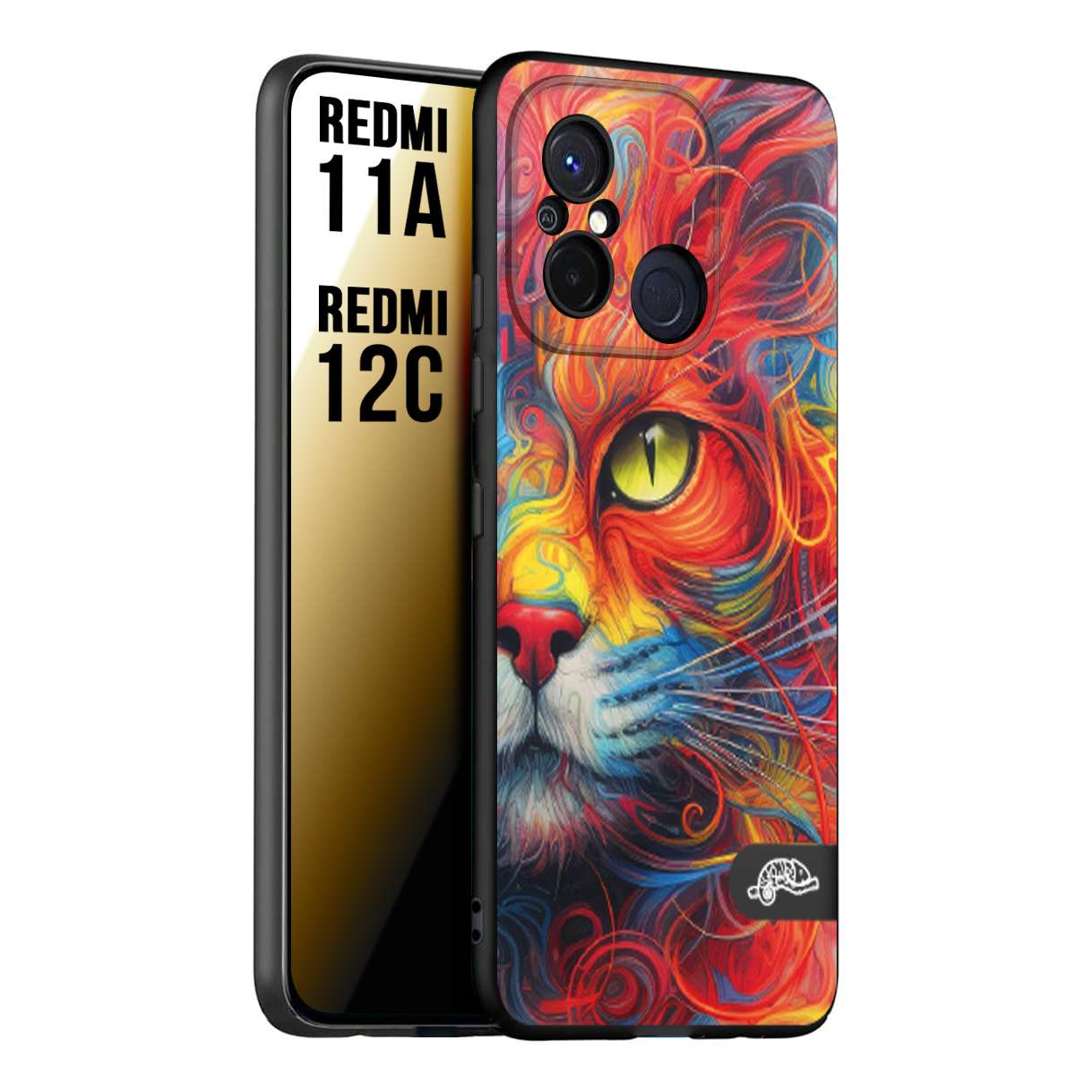 CUSTOMIZZA - Custodia cover nera morbida in tpu compatibile per Xiaomi Redmi 11A - 12C animali color cat gatto viso colori vibranti disegnato schizzo