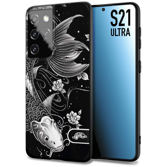 CUSTOMIZZA - Custodia cover nera morbida in tpu compatibile per Samsung S21 ULTRA carpa koi black and white bianco a rilievo disegnato tattoo tatuaggio