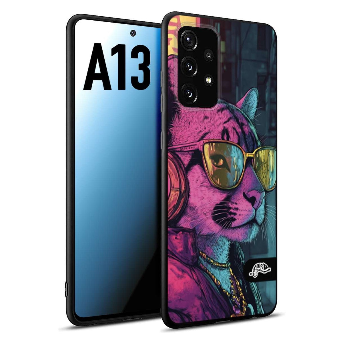 CUSTOMIZZA - Custodia cover nera morbida in tpu compatibile per Samsung A13 animali cyberpunk pantera street cat fucsia blu giallo
