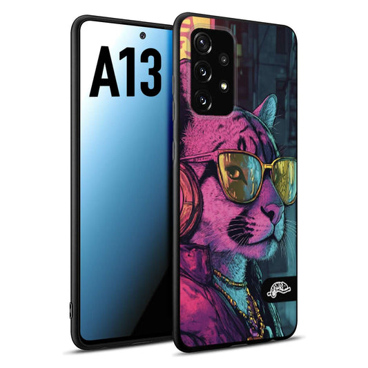 CUSTOMIZZA - Custodia cover nera morbida in tpu compatibile per Samsung A13 animali cyberpunk pantera street cat fucsia blu giallo