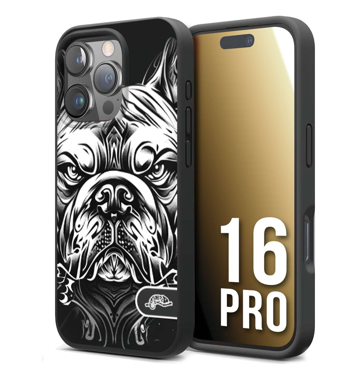CUSTOMIZZA - Custodia cover nera morbida in tpu compatibile per iPhone 16 PRO bulldog bianco a rilievo disegnato tattoo tatuaggio