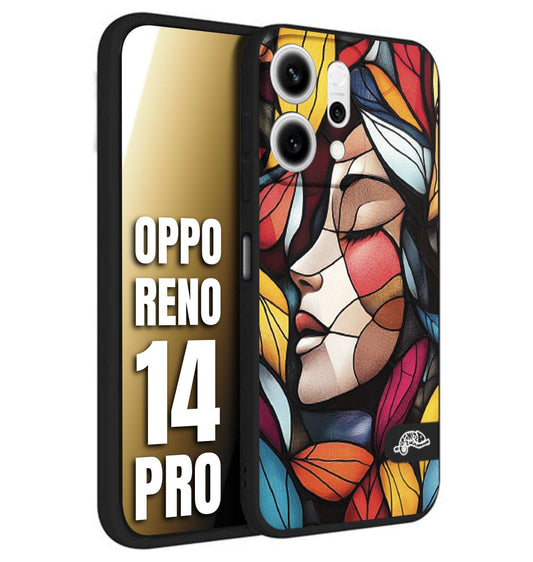 CUSTOMIZZA - Custodia cover nera morbida in tpu compatibile per Oppo Reno 14 PRO Vetrata artistica volto di donna profilo fogliare mosaico di vetro colorato