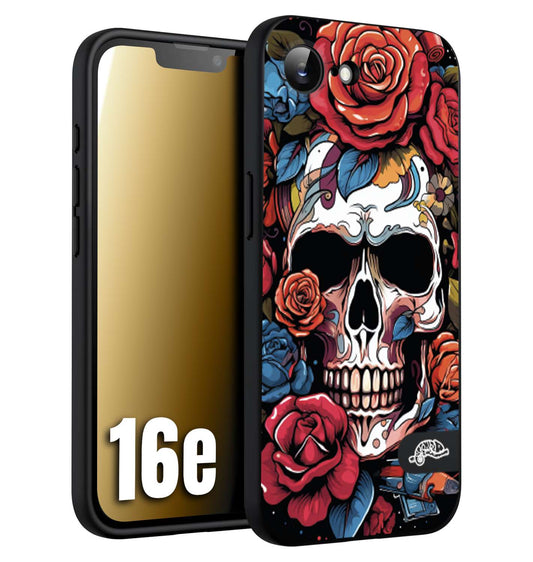 CUSTOMIZZA - Custodia cover nera morbida in tpu compatibile per iPhone 16E teschio skull flowers fiori rose rosse tattoo disegnato