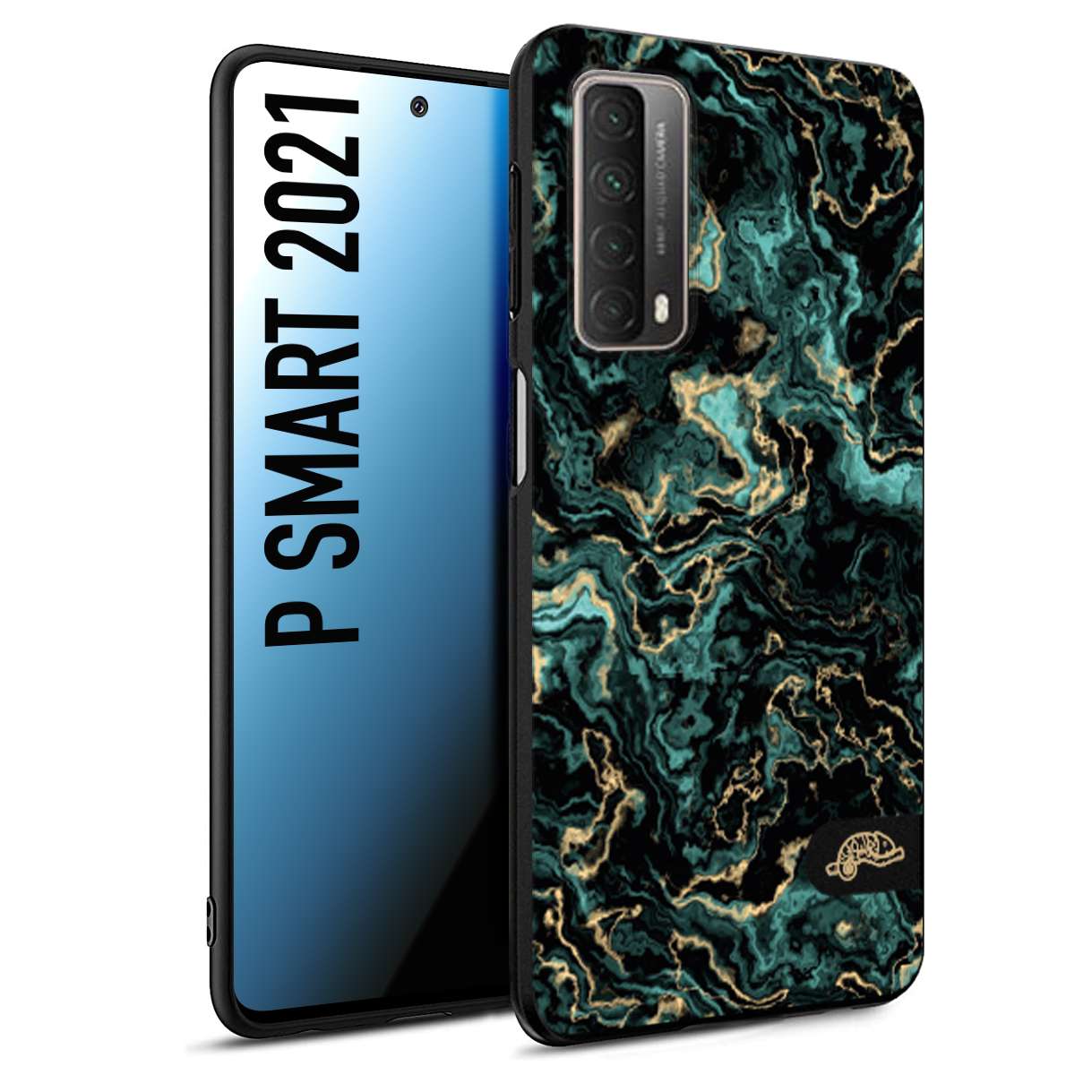 CUSTOMIZZA - Custodia cover nera morbida in tpu compatibile per Huawei P Smart 2021 effetto marmo marble verde green venature dorato pietra