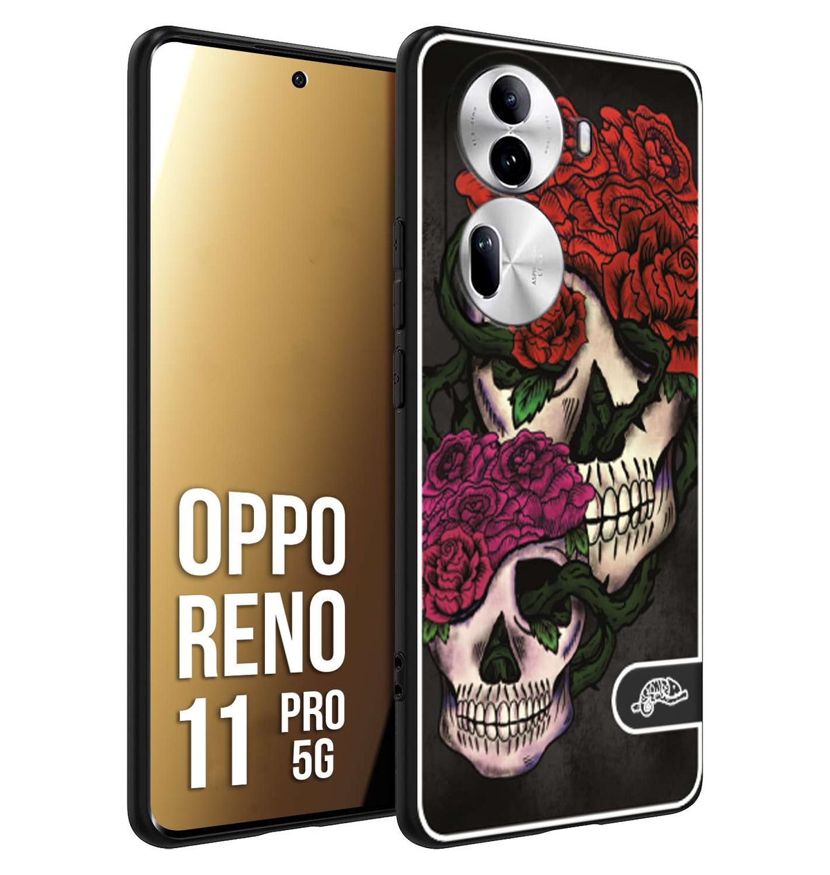 CUSTOMIZZA - Custodia cover nera morbida in tpu compatibile per Oppo Reno 11 PRO 5G teschi e rose rosse fucsia skull and roses