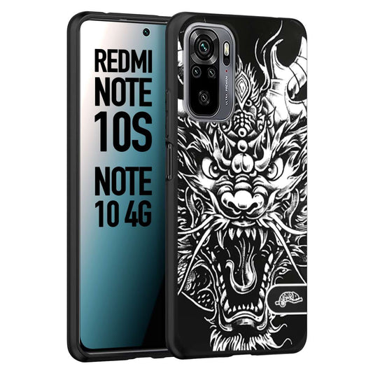 CUSTOMIZZA - Custodia cover nera morbida in tpu compatibile per Xiaomi Redmi Note 10S drago black and white bianco a rilievo disegnato tattoo tatuaggio