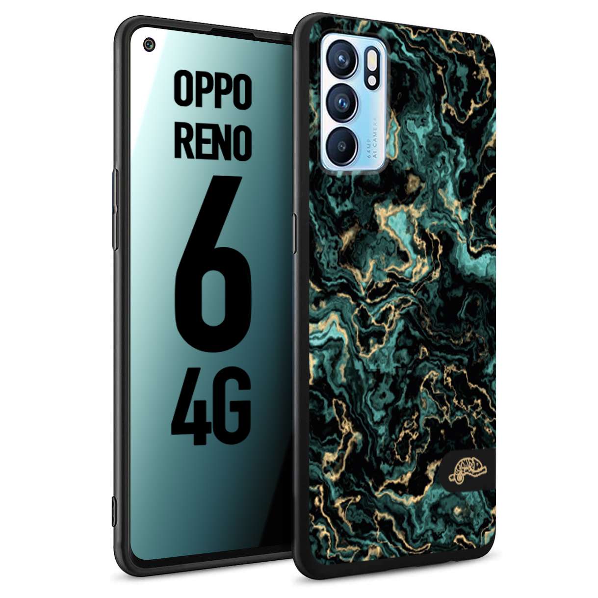 CUSTOMIZZA - Custodia cover nera morbida in tpu compatibile per Oppo Reno 6 4G effetto marmo marble verde green venature dorato pietra