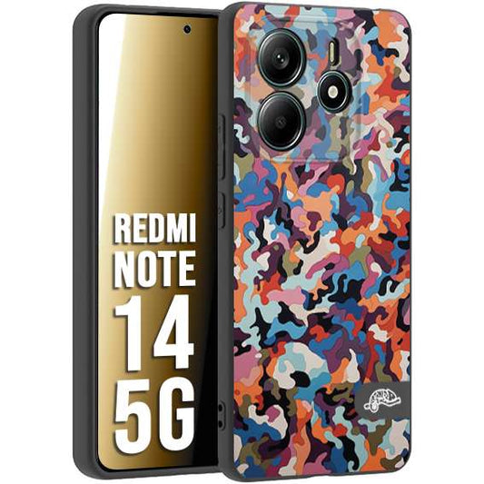 CUSTOMIZZA - Custodia cover nera morbida in tpu compatibile per Xiaomi Redmi Note 14 5G camouflage mimetico militare moderno blu arancio rosa