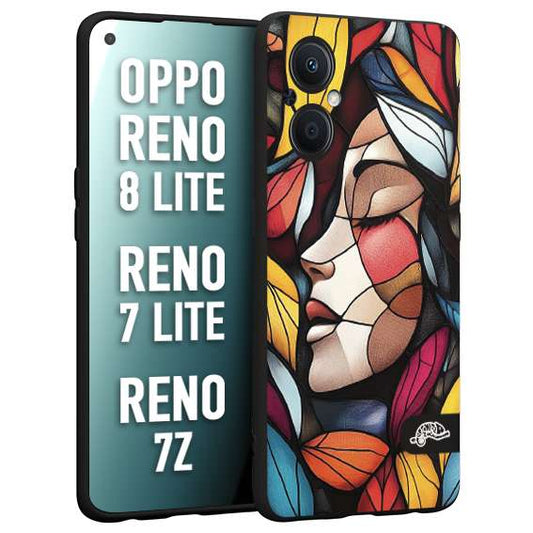 CUSTOMIZZA - Custodia cover nera morbida in tpu compatibile per Oppo Reno 7 Lite - 8 Lite - 7Z Vetrata artistica volto di donna profilo fogliare mosaico di vetro colorato