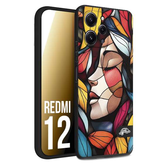 CUSTOMIZZA - Custodia cover nera morbida in tpu compatibile per Xiaomi Redmi 12 Vetrata artistica volto di donna profilo fogliare mosaico di vetro colorato