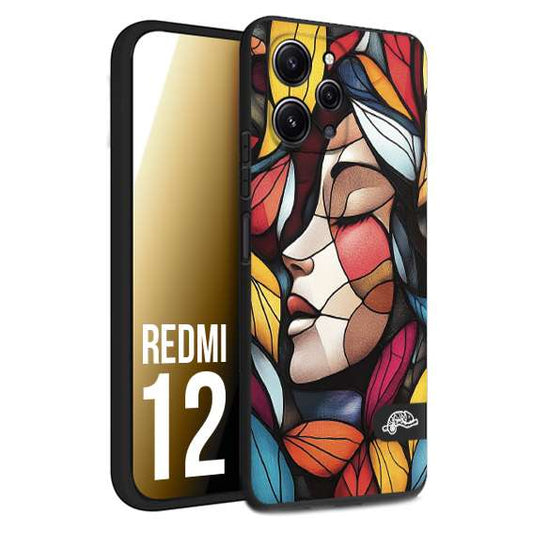 CUSTOMIZZA - Custodia cover nera morbida in tpu compatibile per Xiaomi Redmi 12 Vetrata artistica volto di donna profilo fogliare mosaico di vetro colorato