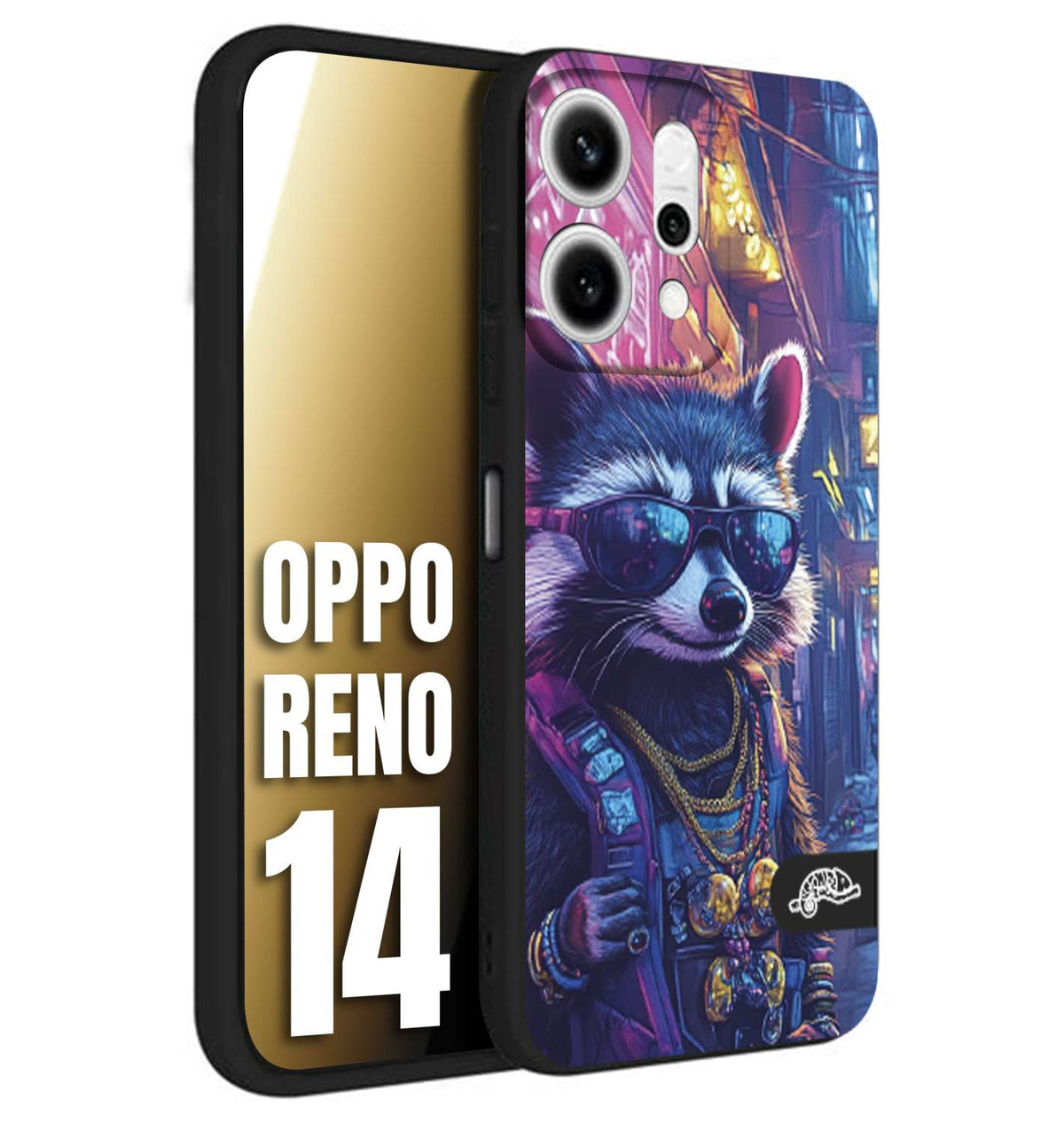 CUSTOMIZZA - Custodia cover nera morbida in tpu compatibile per Oppo Reno 14 animali simpatici cyberpunk procione racoon street cat fucsia blu giallo