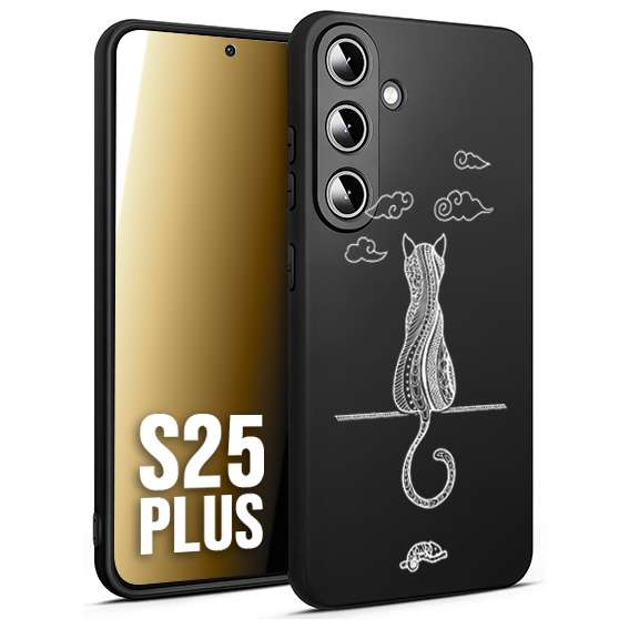 CUSTOMIZZA - Custodia cover nera morbida in tpu compatibile per Samsung S25 PLUS gatto mandala stilizzato gattino a rilievo soft touch donna bianca